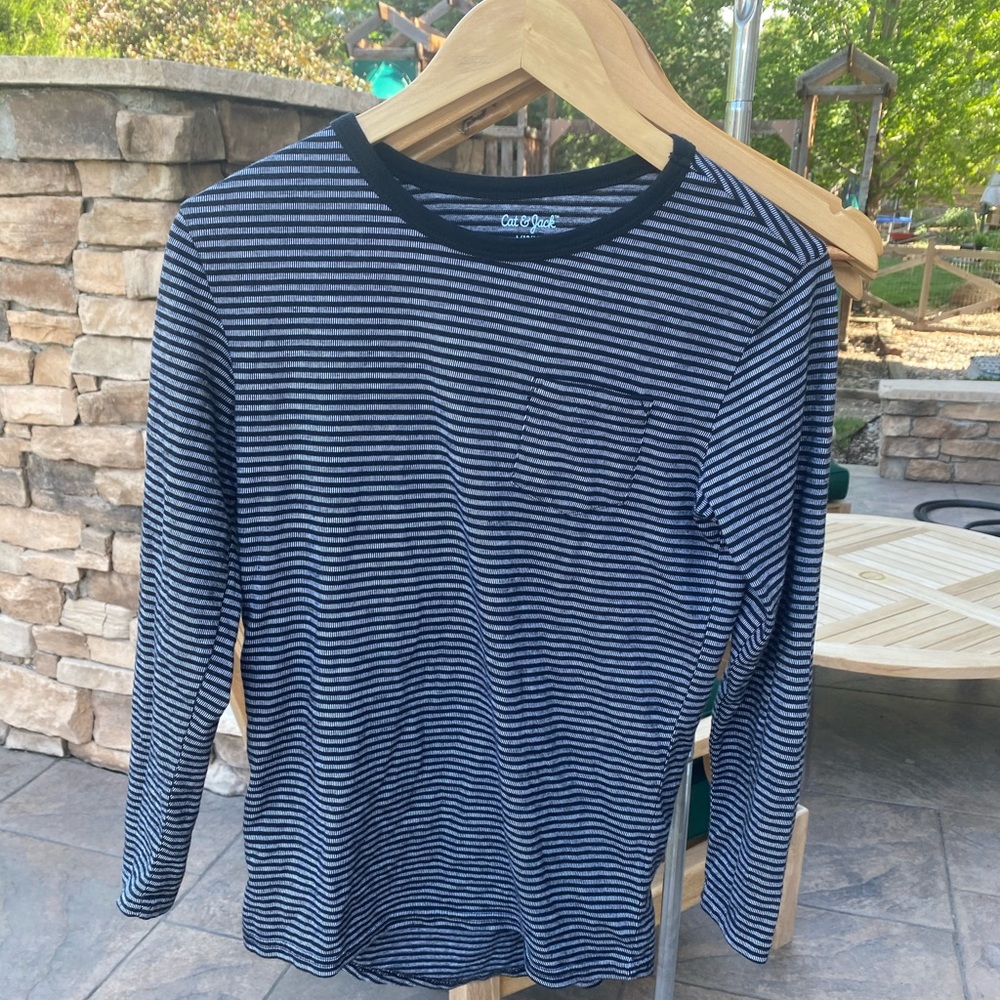 Boy’s grey and black striped long sleeve tee